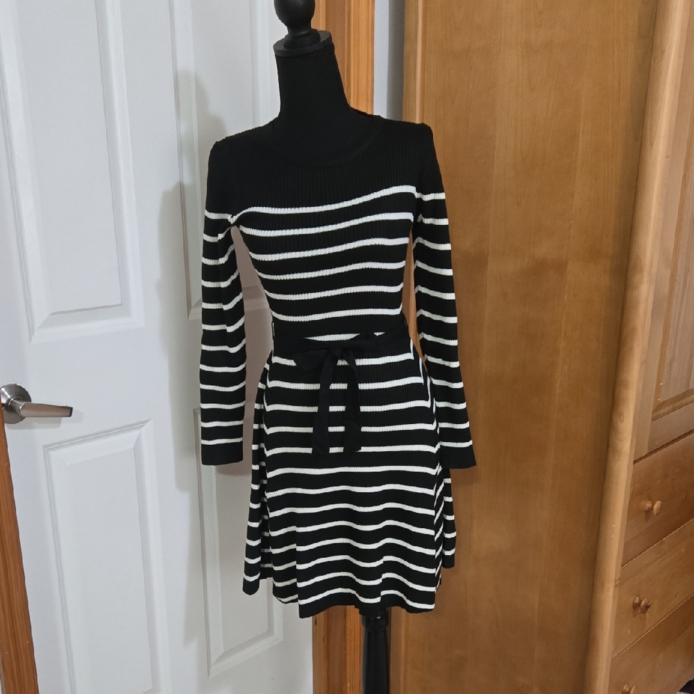 Black & White Striped Knit Dress with Tie Waist